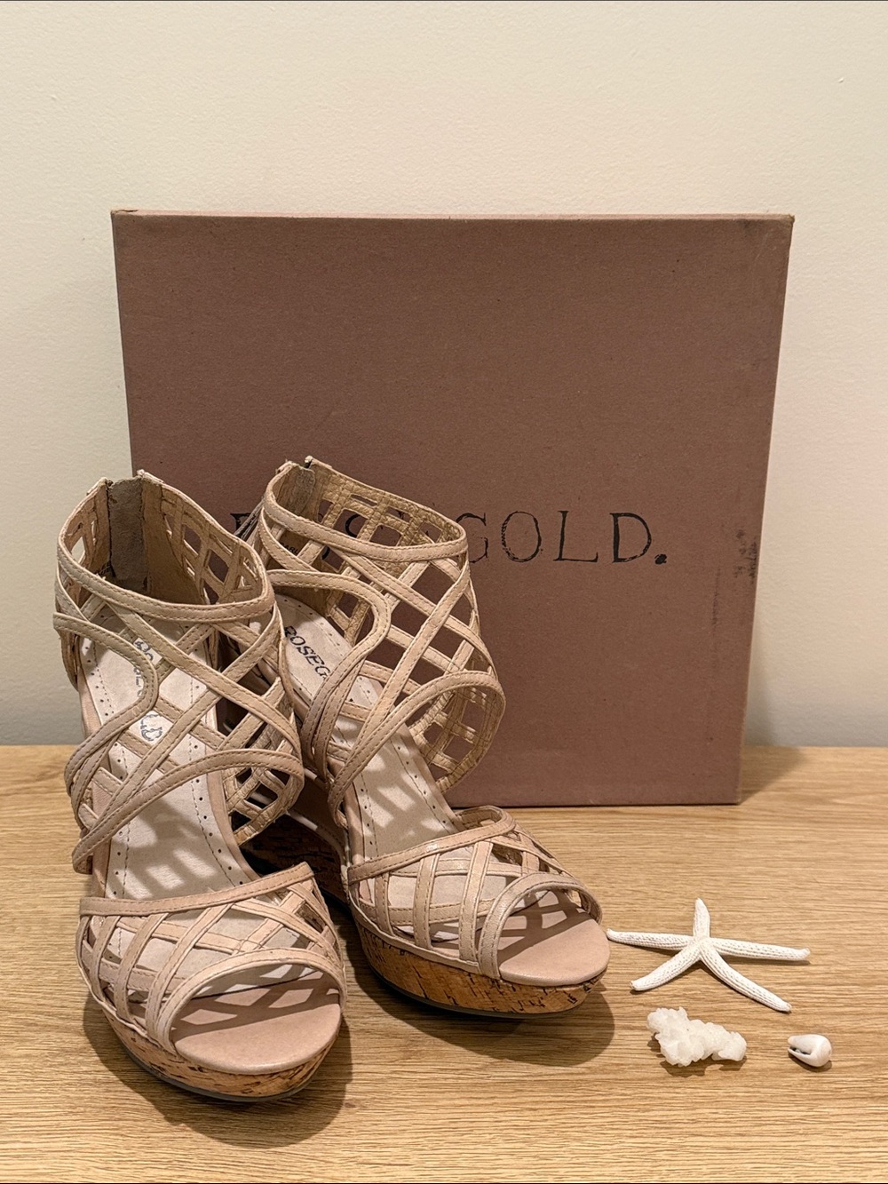 Carolee Rosegold Beige Lattice Wedge Sandals